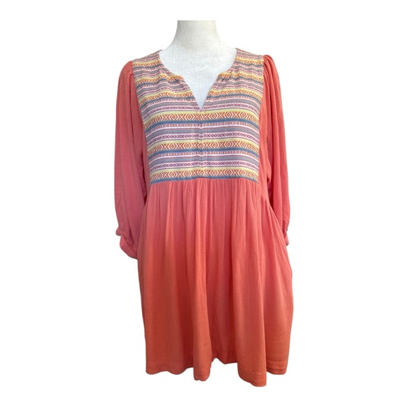 Umgee Coral Orange Boho Tunic V Neck Woven Oversized Top - Picture 1 of 7